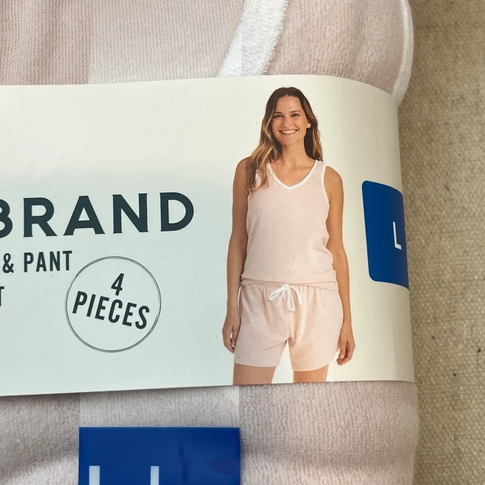 Lucky‎ Brand Women's 4 Piece Pajama Set Pink V Neck Tee Tank Shorts Pants L - Picture 4 of 9